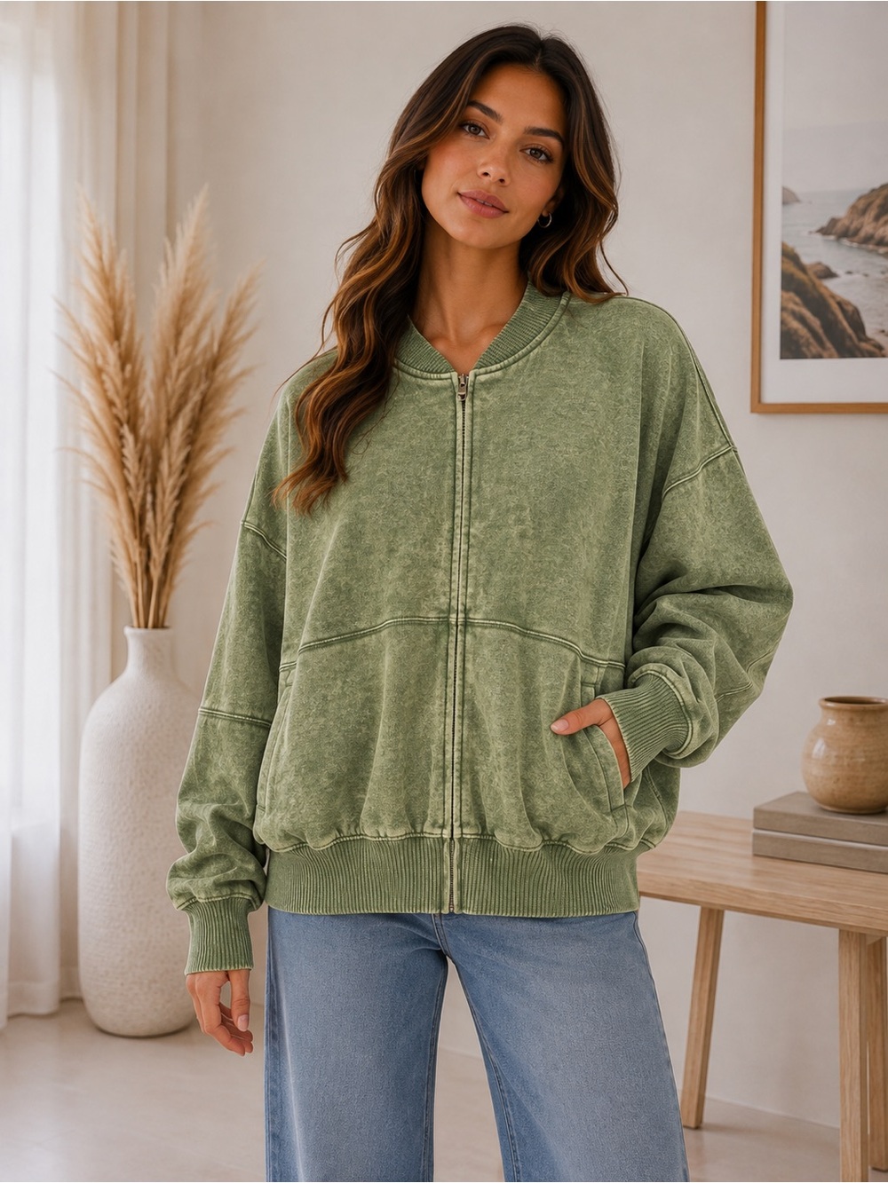 824. Women's Light Olive Green Acid Washed Fleece Jacket Front Zip
